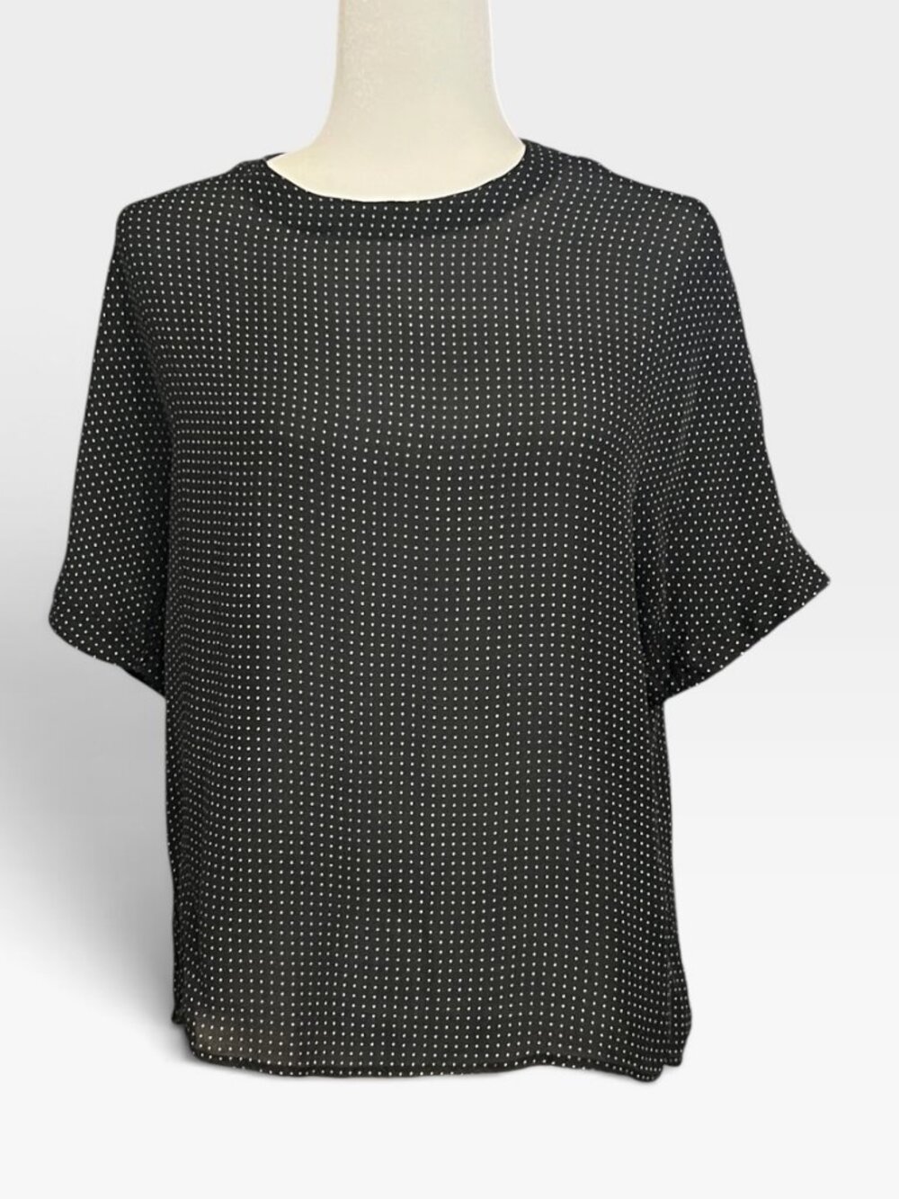 Linda Allard Ellen Tracy Silk Blouse Size 10 Black Polka Dot Button Back Top